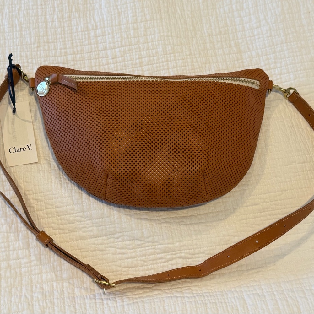 Clare V Perforated Leather Crossbody Bag - Tan